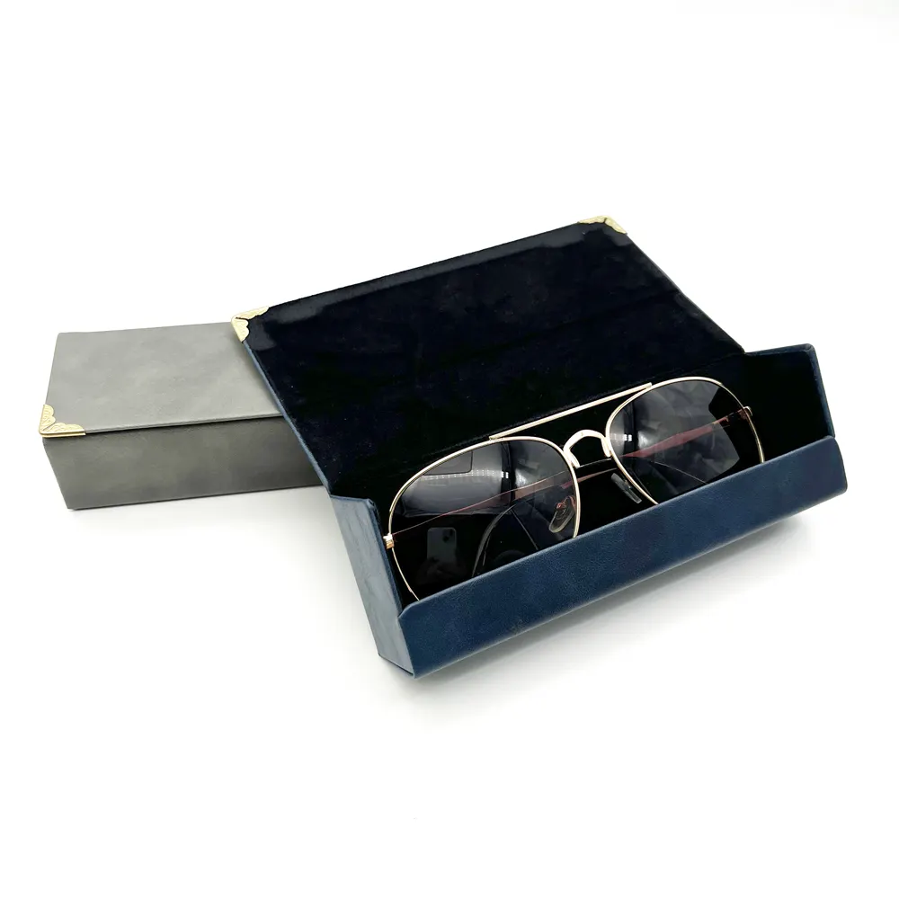 Cetakan kustom LOGO timbul kulit PU kacamata kotak lipat kemasan wadah kacamata hitam lipat
