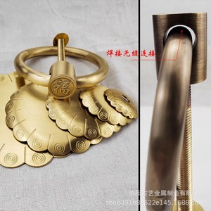 Poignée de porte antique en laiton avec motif tête de lion et caractères Fu, bouton de meuble en cuivre à montage en surface - Product Image 1