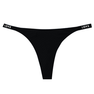 Black Ribbed Knit Women Thong Panties LOVE Letter Printed <b>Elastic</b> Waistband Low Rise Seamless Ladies G <b>String</b> Underwear OEM ODM - Product Image 1