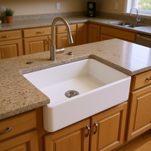 Lavello da cucina singolo bianco stile rustico con frontale a grembiule, da incasso, a vasca rettangolare, in ceramica smaltata - Product Image 2