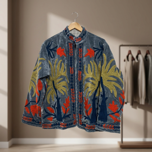 Women Velvet Floral Embroidered <b>Jacket</b> <b>Mandarin</b> <b>Collar</b> Full Sleeve Boxy Style Autumn Ethnic Bohemian Pattern Handwork Suzani - Product Image 4
