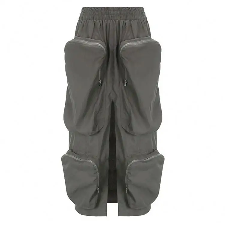 Fashion street work style big pocket elastic waist split skirt 2022 Amazon European and America women's dress