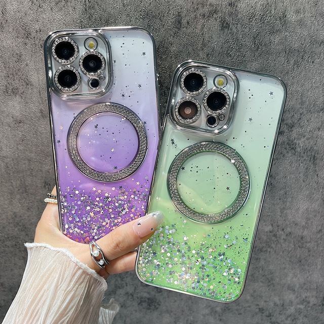 Luxury Wireless Charge Transparent Magnetic Bumper Glitter Phone Case for iPhone 16 15 14 13 12 11 Pro Max 16 Plus