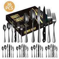 Ensemble de couverts en acier inoxydable doré avec manches noirs, couteaux à steak, finition polie miroir, coffret cadeau pour mariage
