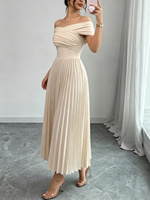 Robe longue beige pour femme, épaules dénudées, corsage froncé, taille haute, plissée, élégante, décontractée, lavable