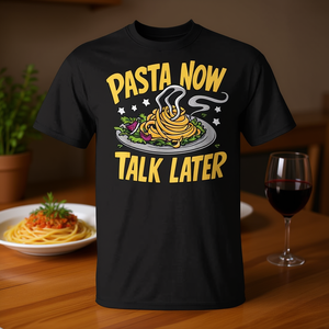 Camiseta Unisex para Adultos de Manga Corta con Cuello Redondo y Estampado Divertido de Comida, con la Frase 'Pasta Now Talk Later', para Actividades Promocionales, Serigrafiada - Product Image 3