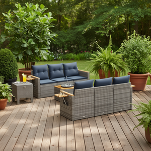 Set di divani da giardino in polyrattan grigio con cuscini, mobili da esterno in 6 pezzi - Product Image 2