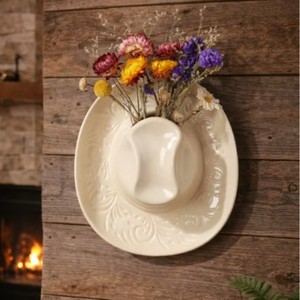 Cowboy <b>Hat</b> Vase Resin Wall Hanging Decor Rustic Floral <b>Display</b> Round Dark Brown Off White Pink - Product Image 4
