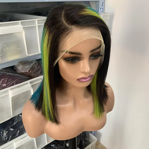 Parrucca Bob Corta in <span class=keywords><strong>Capelli</strong></span> Umani Vergini Remy Non Trattati, Densità 150%, Trasparente per Lace, Colore <span class=keywords><strong>Blu</strong></span> Verde, <span class=keywords><strong>Capelli</strong></span> Brasiliani, Vendita all'Ingrosso - Product Image 2