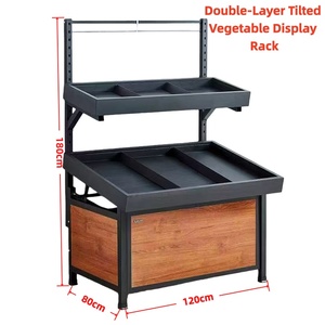 Tavolo Espositivo in Legno a Doppia Faccia con Piano Inclinabile per Verdure da Supermercato - Product Image 2