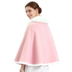 Women Elegant Faux Fur Collar <b>Shawl</b> Sleeveless Lace Trimmed Cloak Fluffy Pearl Closure Open Front Wrap for Bride - Product Image 6