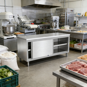Table de travail en acier inoxydable 304 OEM pour équipement de restaurant, cuisine commerciale, armoire moderne avec porte coulissante et pare-éclaboussures - Product Image 4
