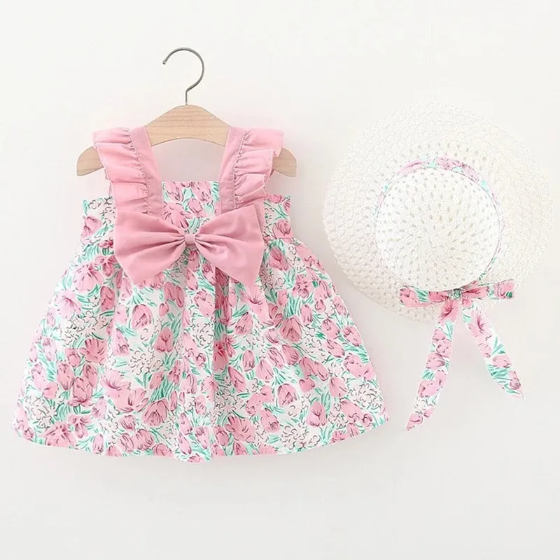 Lovely Summer Infant Baby Girl Ruffle Floral Dress Princess Cotton Sundress Outfits Sunhat 2pcs/Set