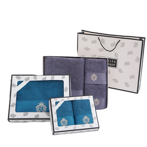 Ensemble de serviettes cadeaux, bleu turquoise et violet, 100% coton, fil teint, couronne brodée, emballage de luxe, qualité professionnelle pour mariage - Product Image 1