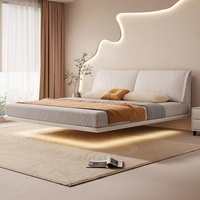Lit suspendu en cuir de style crème minimaliste italien, avec éclairage à capteur, lit double rembourré pour chambre principale moderne