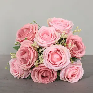 中国工厂库存批发人造9头玫瑰花束婚礼装饰人造红丝玫瑰