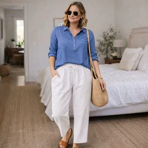 Pantalon en <span class=keywords><strong>lin</strong></span> pur personnalisé pour <span class=keywords><strong>femme</strong></span> avec taille élastique, cordon de serrage, bas resserré et poches pour vêtements féminins - Product Image 4