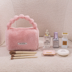 Bebelove Plush Cosmetic Bag Pink Faux Fur Handheld <b>Makeup</b> Storage <b>Case</b> For Travel And Skincare Products - Product Image 1