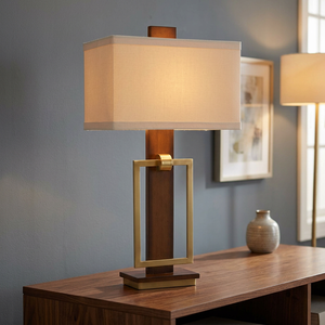 Lampe de table moderne en laiton avec abat-jour rectangulaire en tissu beige, alimentation CA E26, fil LED Ra80 3000K, lumière chaude, éclairage décoratif pour chambre à coucher - Product Image 4