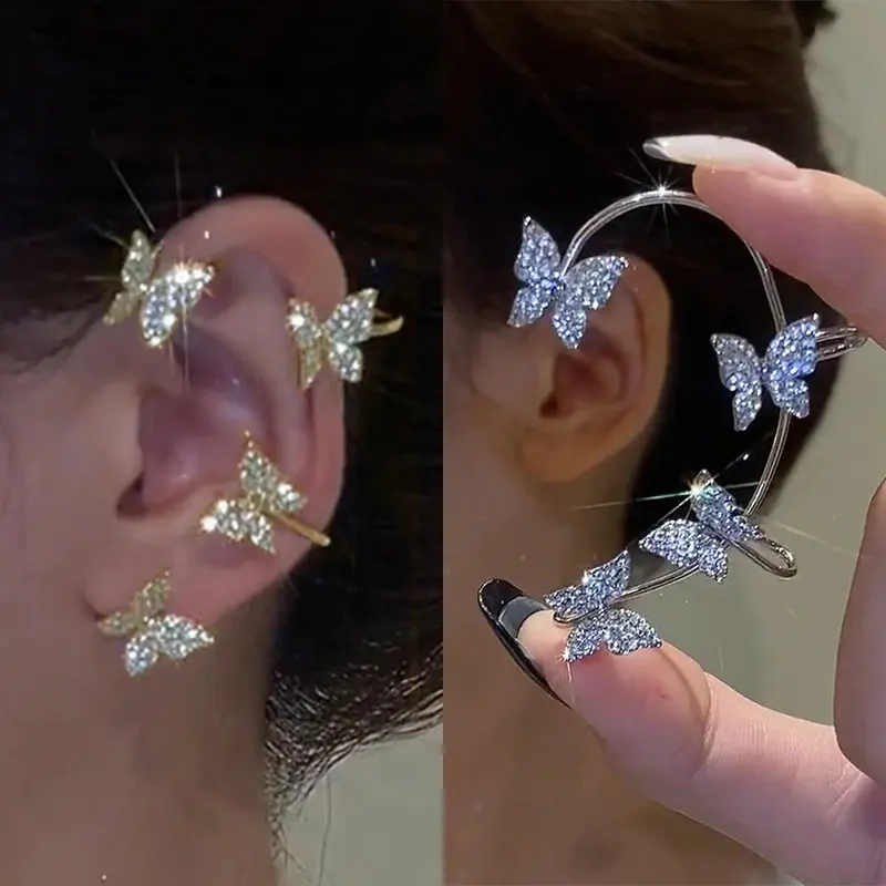 Sang trọng sáng Zircon Rhinestone tua dài Tai Cuff Bông Tai Tinh tế bướm lá Clip bông tai đám cưới bên đồ trang sức