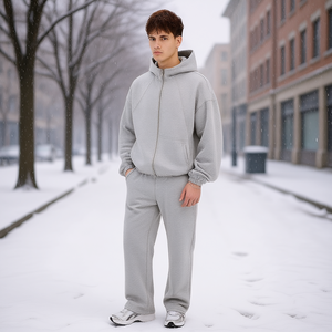 Conjunto Deportivo Reklo Industries para Hombre, Color Gris Claro, Talla Grande, Sudadera con Cremallera de Felpa Gruesa, Pantalones Deportivos de Pierna Recta, Estilo Casual de Invierno - Product Image 2