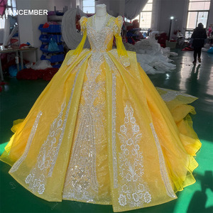 ชุดแต่งงานสีเหลือง ชุดแต่งงานแบบกำหนดเอง ชุดเดรสลูกไม้สำหรับงาน Quinceanera Xs123 - Product Image 2