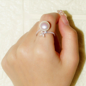 Q347 <b>Pearl</b> <b>Ring</b> Silver With Diamond Side Stones Round Brilliant Cut Natural G Color For Women Wedding Jewelry - Product Image 6