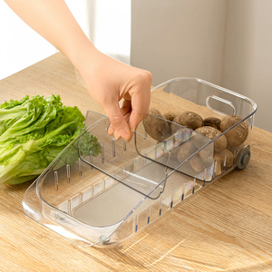 Plastic Voedselopslagcontainer Dranken Doorzichtige Opslag Organizer Koelkast Opbergdoos Met Wielen En Beweegbare Plaat - Product Image 3