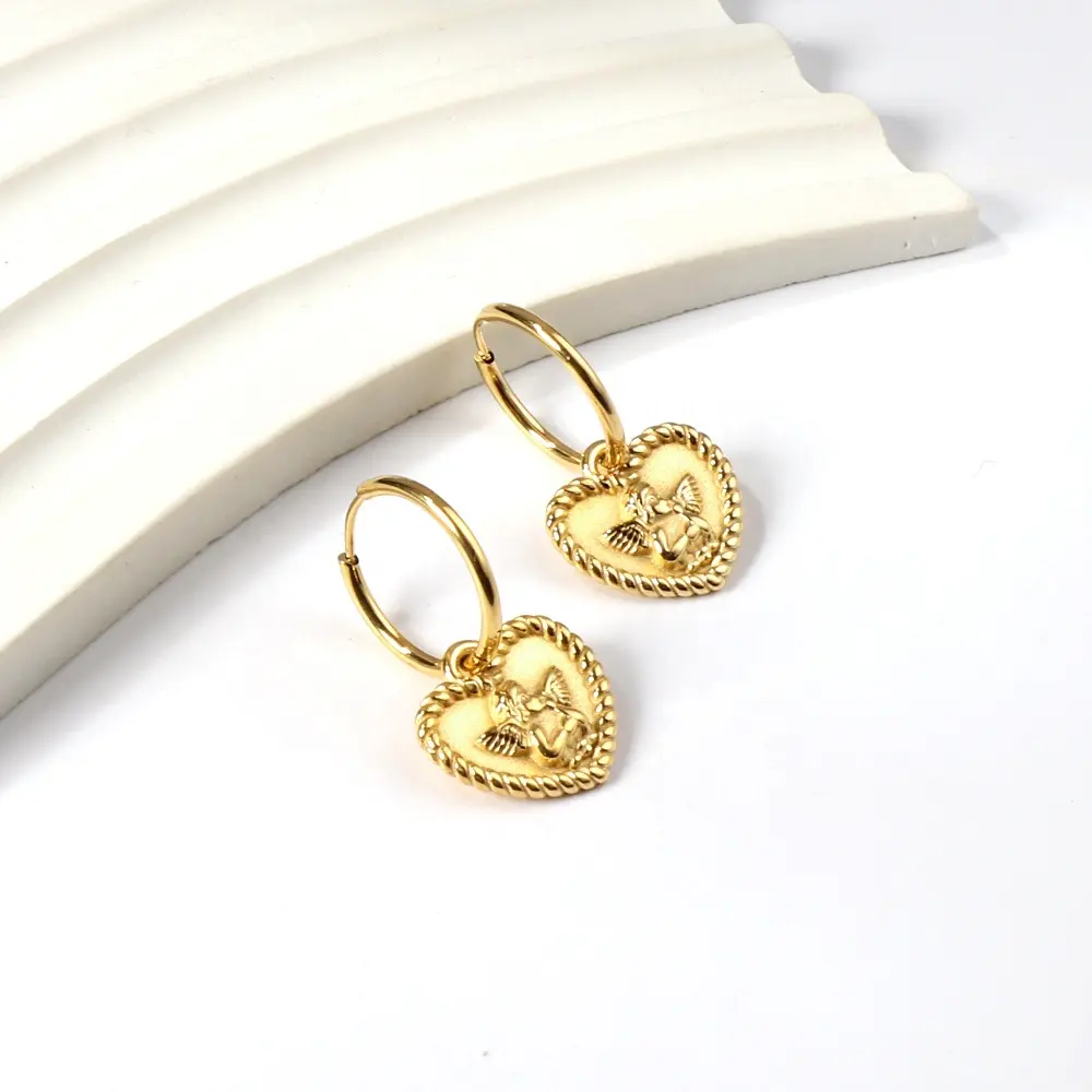 Charm 18k Gold Plated Earring Stainless Steel Jewelry Gift Hypoallergenic Love Heart Dangle Angel Cameo Huggie Hoop Earrings