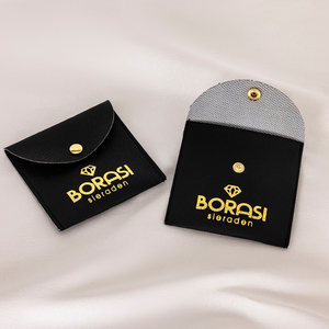 Custom Logo Black Leather Jewelry Pouch with Button Closure and Square Jewelry Packaging Box Premium <b>Gift</b> Set - Product Image 2
