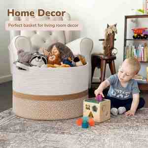 <b>Large</b> Cotton Rope <b>Basket</b> Decorative Woven Blanket <b>Storage</b> Nursery Hamper for Living Room Boho Toy <b>Storage</b> & Toy Box for Kids - Product Image 2