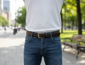 Cintura da uomo in pelle da 4,0 cm con fibbia in lega, fori a perno e bordo smussato, stile casual - Product Image 2