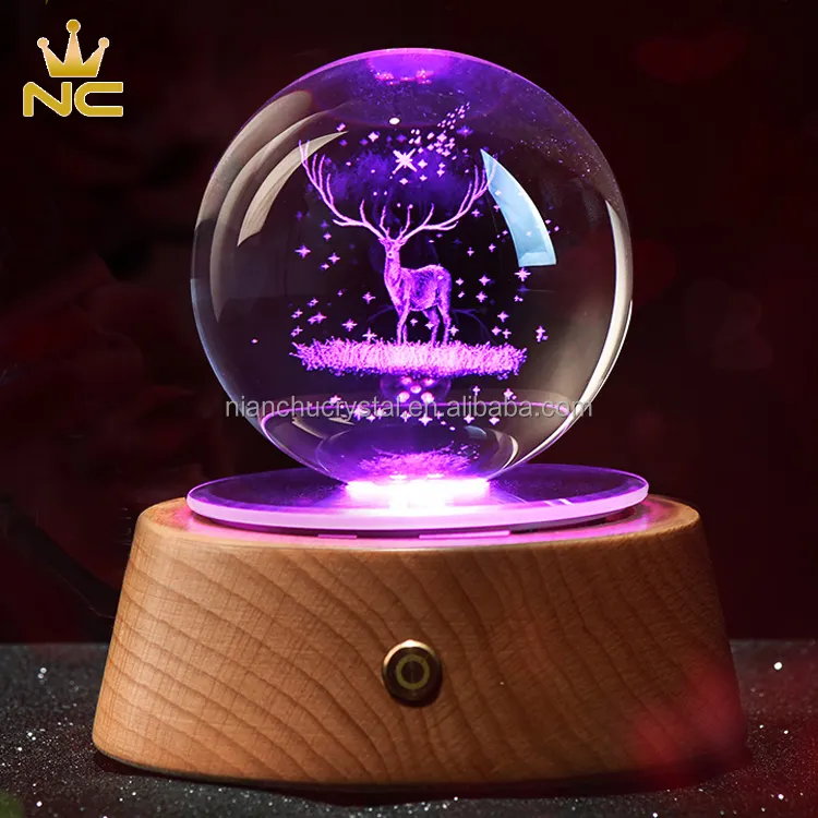 Personalisierte 3D Laser Schnee Weihnachten Kristall Ball Mit Holz Led Licht Basis