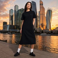 Robe midi unie en coton lavé doux 200 GSM pour femme, col rond, personnalisable avec logo OEM, vente en gros