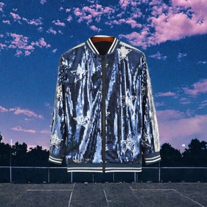 Blue Sequin <b>Jacket</b> <b>Women</b> Zip Up Bomber <b>Jacket</b> Crew Neck Long Sleeve Regular Fit <b>Spring</b> Outerwear - Product Image 2