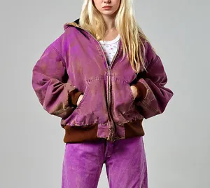 Jaqueta mecânica com zíper para mulheres, jaqueta retrô personalizada de lona vintage de pato, desbotada com lavagem ácida e desbotada para trabalho
