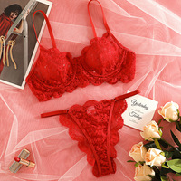 Ensemble de Lingerie Sexy pour Femme : Soutien-gorge, Strings, Jarretelles, en Dentelle Transparente et Résille, avec Bretelles