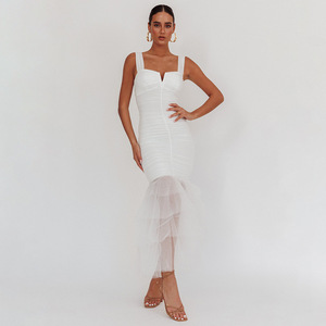 Halter Maxi Dress Long <b>Skirt</b> Sheer Layer Folds Sleeveless Natural Waistline Evening Dress - Product Image 3