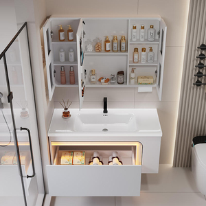 Ensemble de meuble-lavabo de salle de bain blanc sur mesure avec éclairage flottant, armoire miroir LED et lavabo en céramique intégré pour projets hôteliers et d'appartements - Product Image 5