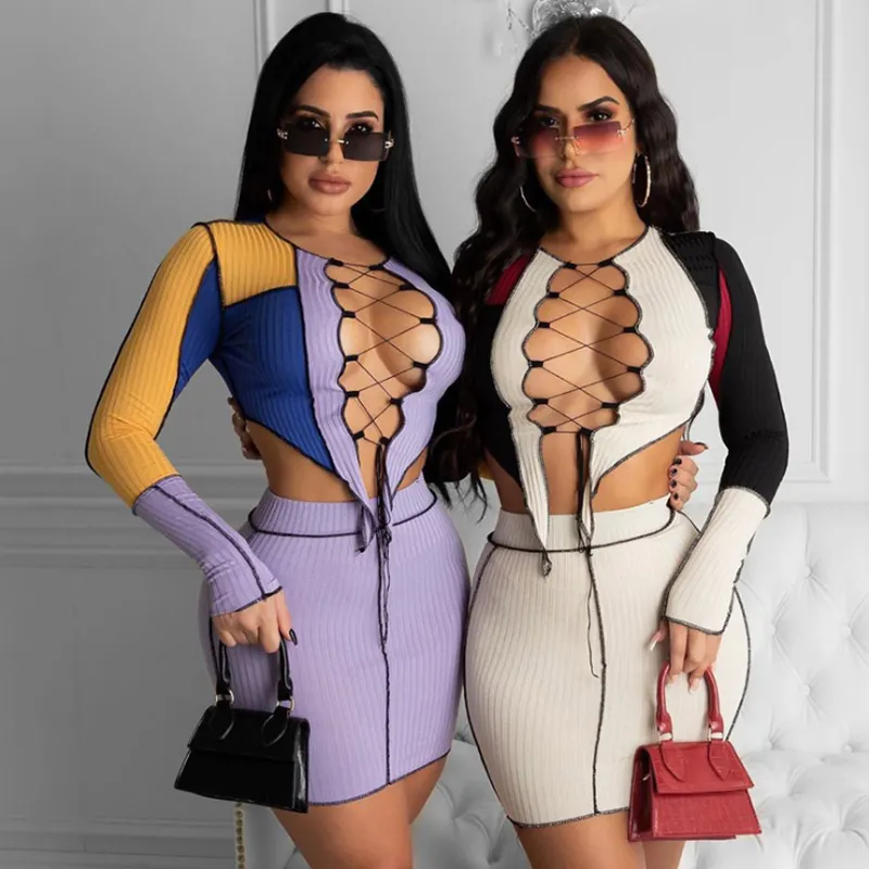 FMY103 Two Piece Sets Autumn Winter Long Sleeve Women'S Set Outfits Cut Out Crop Tops Mini Skirt Set Tracksuit