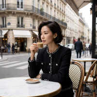 Blazer chic sur mesure en tweed tissé fin, simple boutonnage, avec garniture noir et blanc, pour femme, style vintage, coupe cintrée, avec sequins et strass