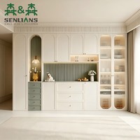 Buffet contemporain avec étagères ouvertes, éclairage LED, tiroirs et portes de garde-manger, finition vert sauge et blanc