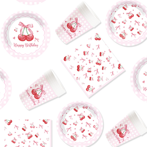 Ensemble de vaisselle sur le thème des fruits DAMAI avec motif cerise Comprend des assiettes en papier rondes, des gobelets, des serviettes Sert 8 personnes - Product Image 4