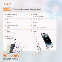 Batterie externe capsule AD4012 avec cordon, câble Type-C intégré, charge rapide 22,5W, 5000mAh, approuvée par les compagnies aériennes, OEM