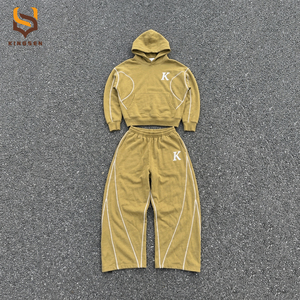 Ensemble survêtement homme en coton épais, pantalon de jogging à jambes larges et coupe empilée, et sweat à capuche, avec logo brodé personnalisé, style oversize et ample - Product Image 5