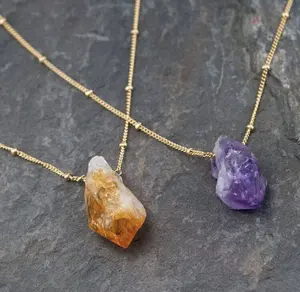 LS-A639 sparkly amazing raw citrine pendant necklace amethyst pendant chain necklace long stone chain necklace for women