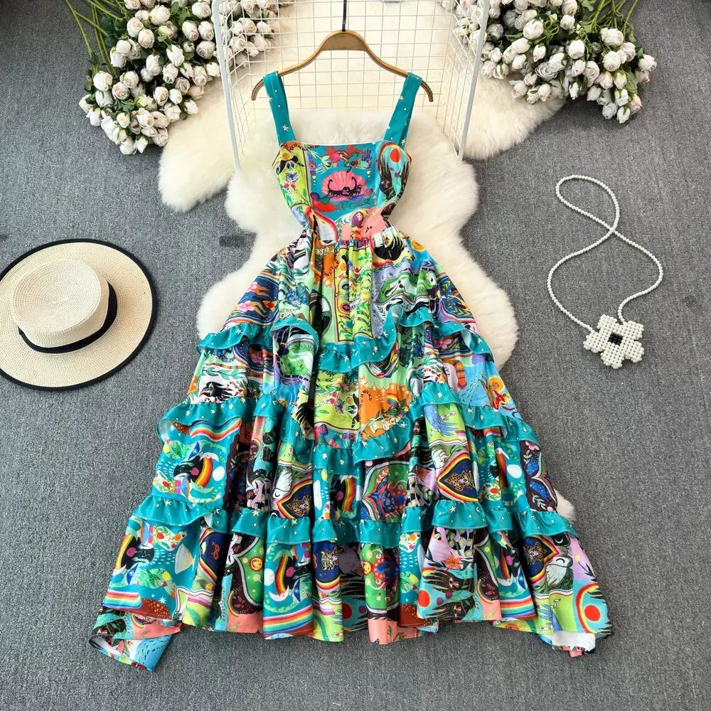 अनुकूलित फैशनेबल हाई-एंड कमरबंद ए-लाइन मुद्रित पोशाक