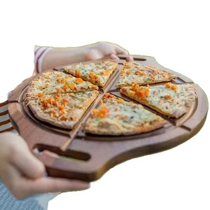 Plateau à pizza en bois, double face, en bois massif, avec poignées, plateau à pizza rainuré créatif. - Product Image 5
