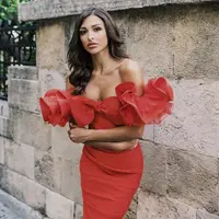 अमेज़न शीर्ष बेच पट्टी साटन बुलबुला आस्तीन लाल पार्टी सेक्सी नया साल ड्रेस महिला