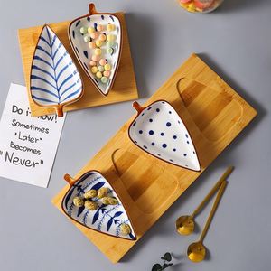 Creative Leaf-shaped Dried Fruit Dish with Wooden Tray <b>Ceramic</b> Snacks Appetizer Fruit Dish Set Kitchen Dipping Bowls Set - Product Image 3